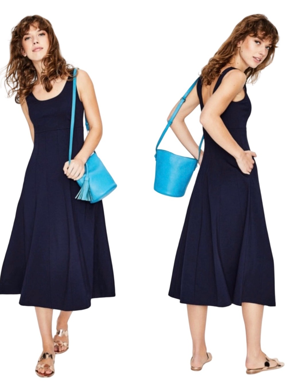 Boden Navy Blue Callie Ponte Sleeveless Full Skirt w/Pockets Midi Dress Size 6